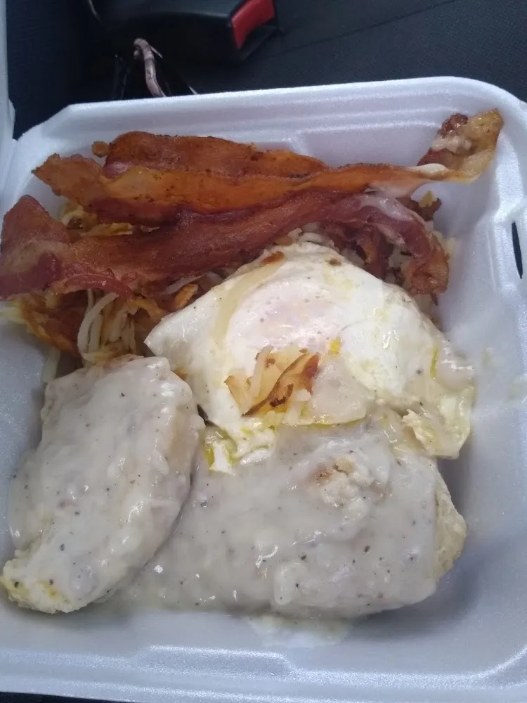 Half Biscuit and Gravy with Bacon Fried Egg and Hash Browns